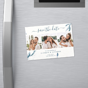 Convite 3 foto elegante azul aquarela simples casamento