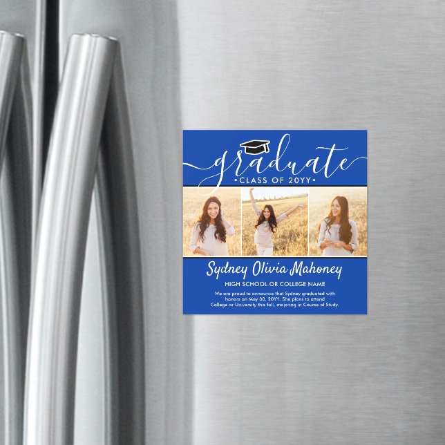 Convite 3 Fotos de Anúncio de Formatura Magnético Azul (Criador carregado)