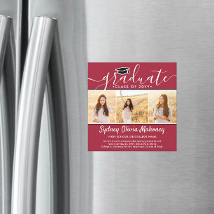 Convite 3 Fotos de Anúncio de Graduação Magnético Vermelho