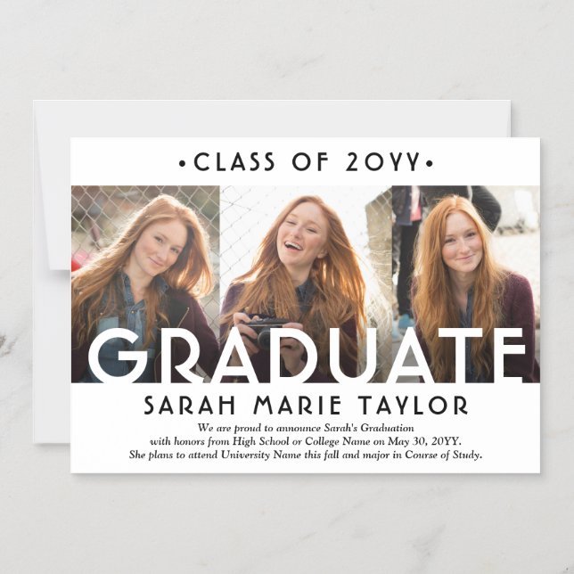Convite 3 Photo Collage Magnetic Graduation Announcement (Frente)