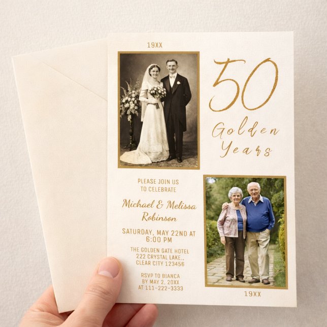 Convite 50º Aniversário de Foto dos Anos Dourados (Elegant 50th anniversary magnetic invitation with photo keepsake design)