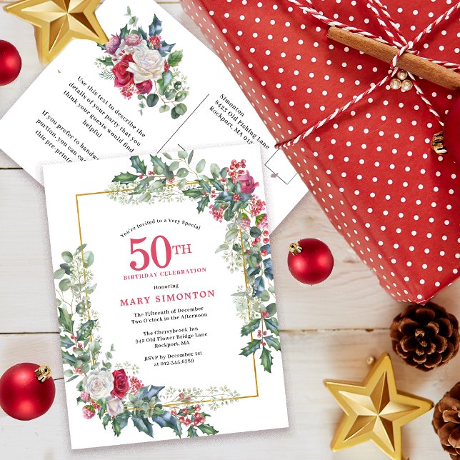 Convite 50º Rosa Vermelha Branca Floral Azevinho (Need a matching Welcome Sign. Party Supplies. Message me!)