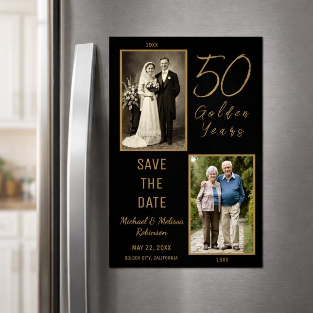 Convite 50 anos de Ouro Economize a placa magnética fina d (Elegant 50th anniversary magnet displayed beautifully on a kitchen fridge.)