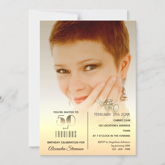 Convite 50 e Fabulosa, Foto de 50 de aniversário Dourada E (Frente)