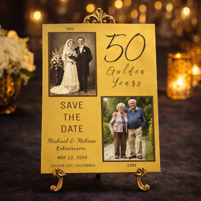 Convite 50 Golden Years Save the Date Gold Magnetic Card (Elegant gold 50th anniversary save the date displayed on luxury easel)