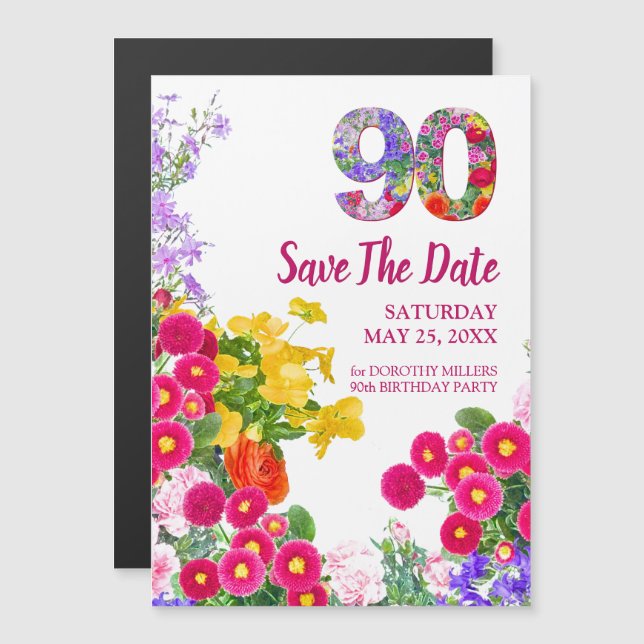 Convite 90 Birthday Floral Save Date - Elegante (Frente/Verso)