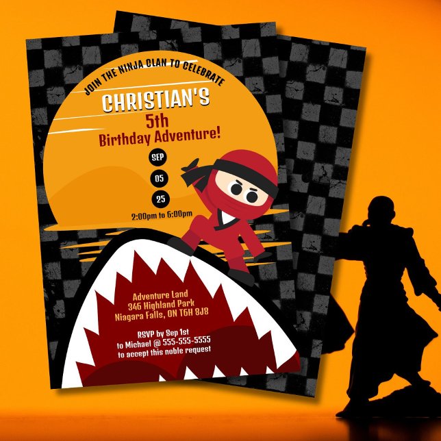 Convite à Aniversário do Red Ninja Shark Tamer (Ninjas and sharks are all you need for an adventure filled birthday celebration!)