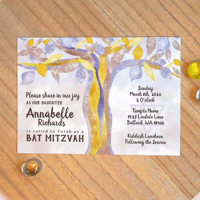 Convite à Bat Mitzvah, Árvore Torcida Amarela Azul (Yellow, blue bat mitzvah invitations with entwined tree of life, glitter, sparkles tree leaves)