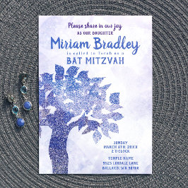 Convite à Bat Mitzvah de Árvore Glitter Azul