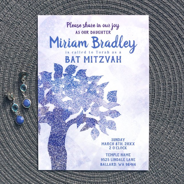 Convite à Bat Mitzvah de Árvore Glitter Azul (light blue glitter tree of life bat mitzvah invitations)