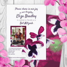 Convite à Bat Mitzvah para Pansies Violet & Purple