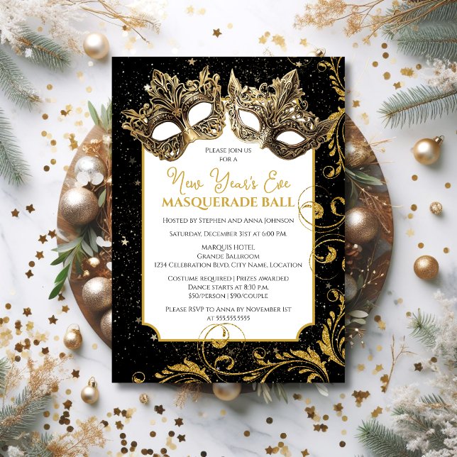 Convite à Bola do Mascarada de Ano Novo Dourado (Host your next NYE masquerade in elegance by sending out these gold mask masquerade ball invitations)