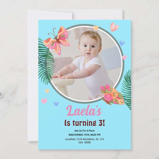 Convite à Borboleta primeiro aniversario Azul com  (Frente)