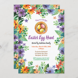 Convite à caça de ovos de Páscoa. Flores de aquare