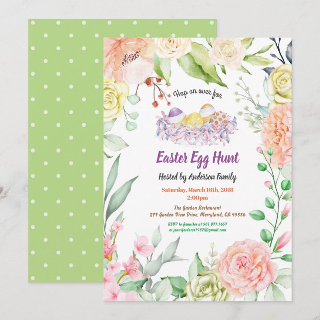 Convite à caça de ovos na Páscoa.Flor de água (Frente/Verso)