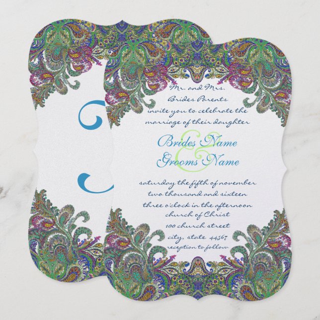 Convite à Casamento tema damasco Azul de Framboesa (Frente/Verso)