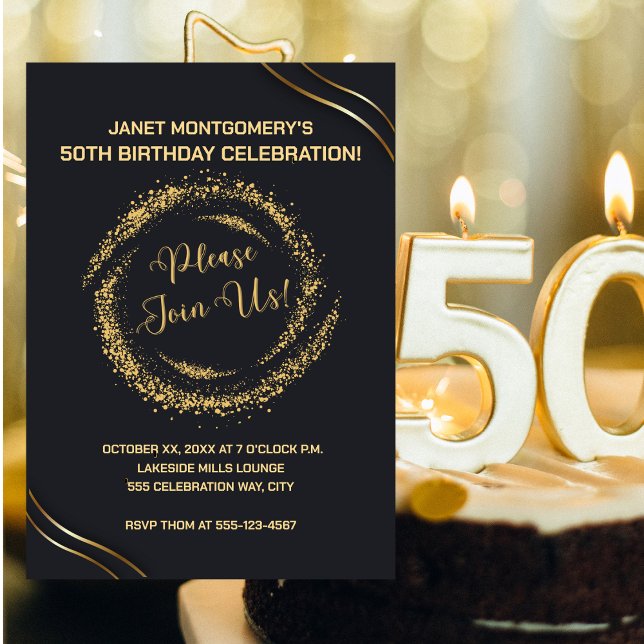 Convite à celebração de 50º aniversário Dourado mo (Modern Gold 50th Birthday Celebration Invitation)