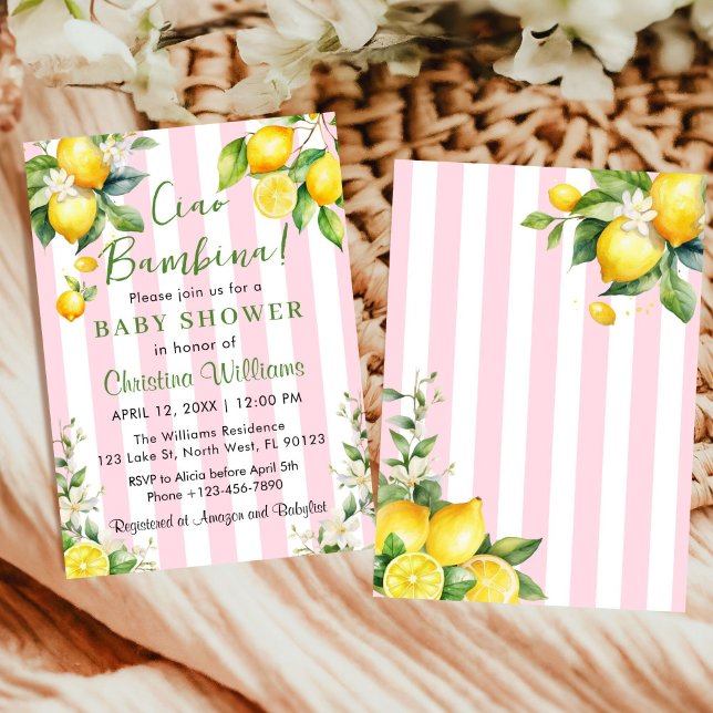 Convite à Chá de fraldas Ciao Bambina Rosa Citrus (Ciao Bambina Baby Shower Pink citrus lemons Invitation)