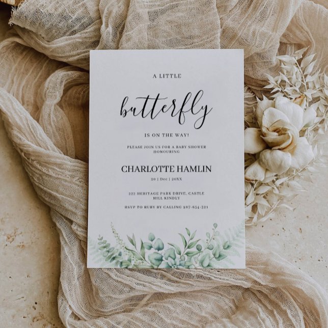 Convite à Chá de fraldas de Borboleta Verde (Greenery Butterfly Baby Shower Invitation, Invitation)