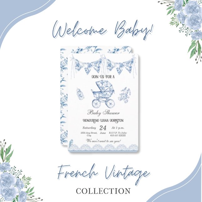 Convite à Chá de fraldas de Chinoiserie Blue Vinta (baby-shower-vintage-baby-carriage-invitations)