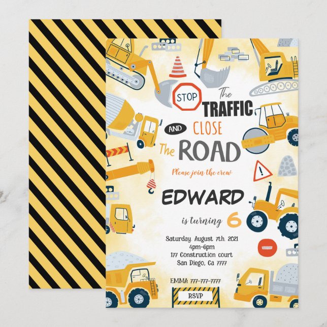 Convite à Construção de Aniversário de 6 (Frente/Verso)