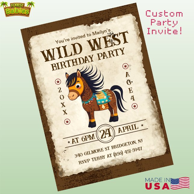 Convite à Festa de aniversário de Pôneos Ocidentai (Cute Personalizable Wild West Pony Birthday Party Invitation, Customizable Western Horse Invite 🐎)