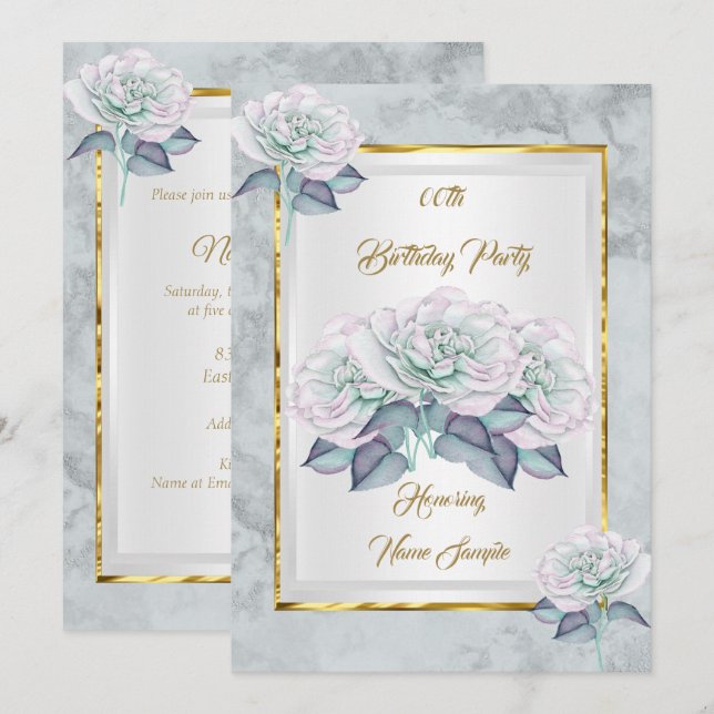 Convite à Festa de aniversário Dourada Rosa de Pra (Frente/Verso)