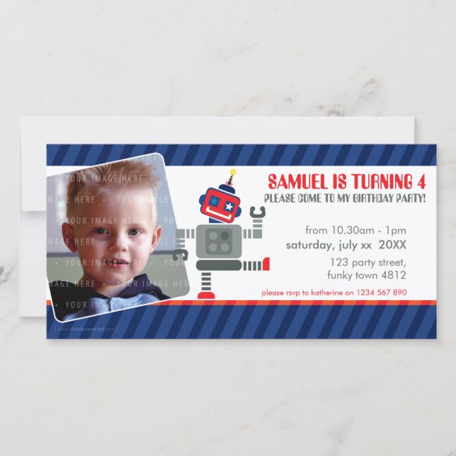 CONVITE À FESTA DE ANIVERSÁRIO FOTOGRÁFICA: robô d (Frente)