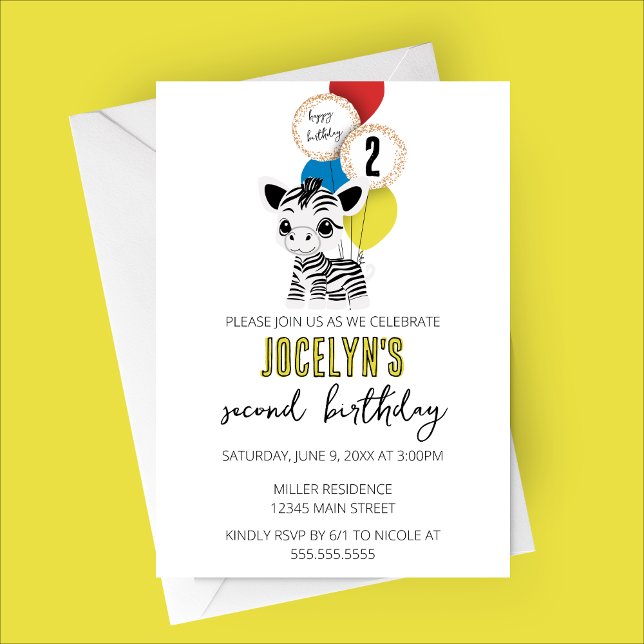 Convite à Festa de aniversário Zebra minimalista (Minimalist Zebra Birthday Party Invitation with Multicolored Balloons)