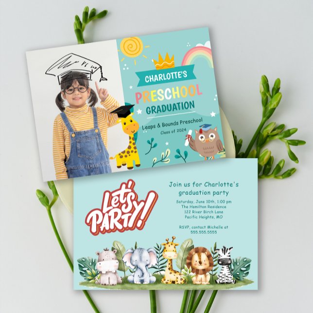 Convite à Festa de formatura de Fotografias para C (Animal Kid Preschool Photo Graduation Party Invite)