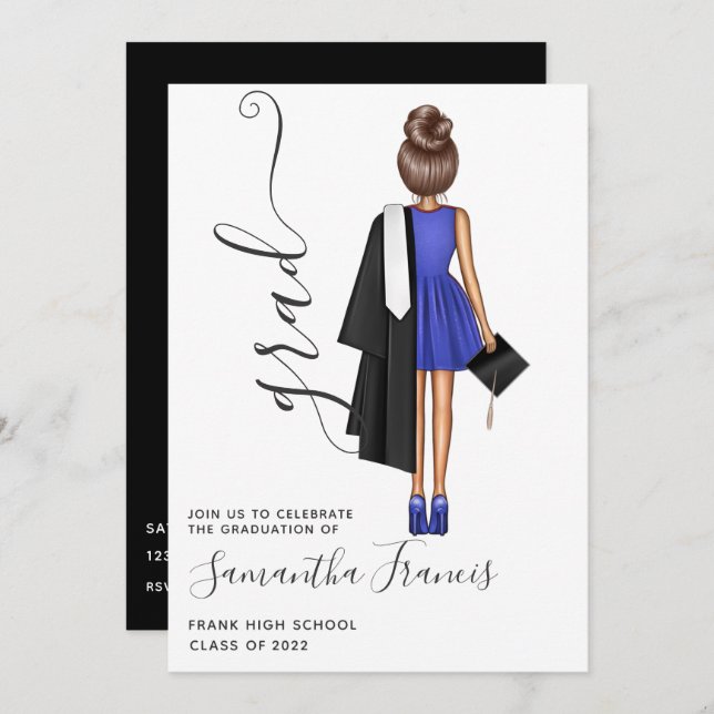 Convite à Festa de formatura Elegante Blue and Whi (Frente/Verso)