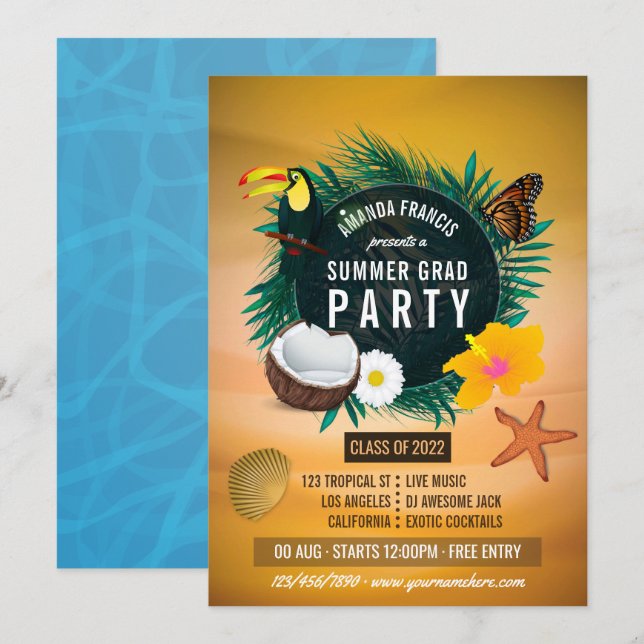 Convite à Festa de formatura Tropical de Praia Exó (Frente/Verso)