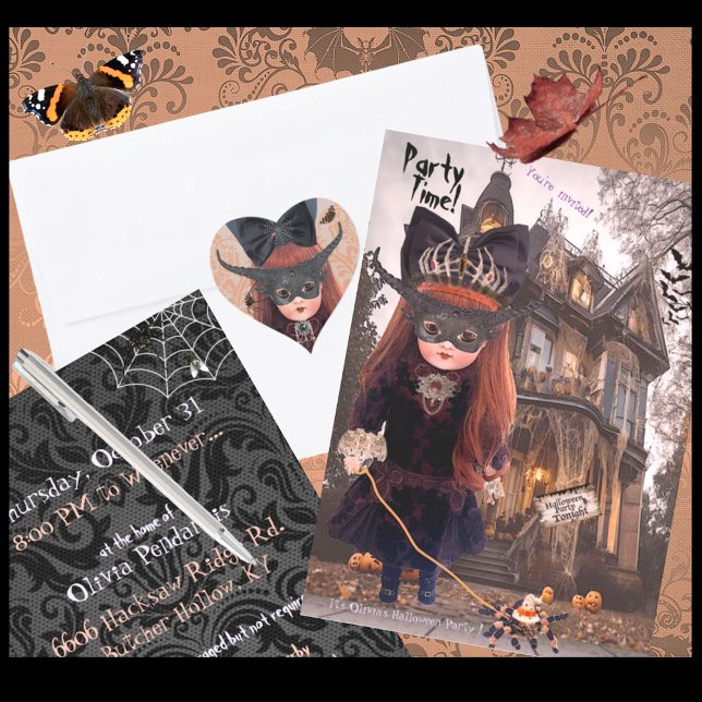 Convite à Festa de gótico Doll Halloween (Seal your invitations with matching Stickers!  A Happy Halloween Card in this design also available!)
