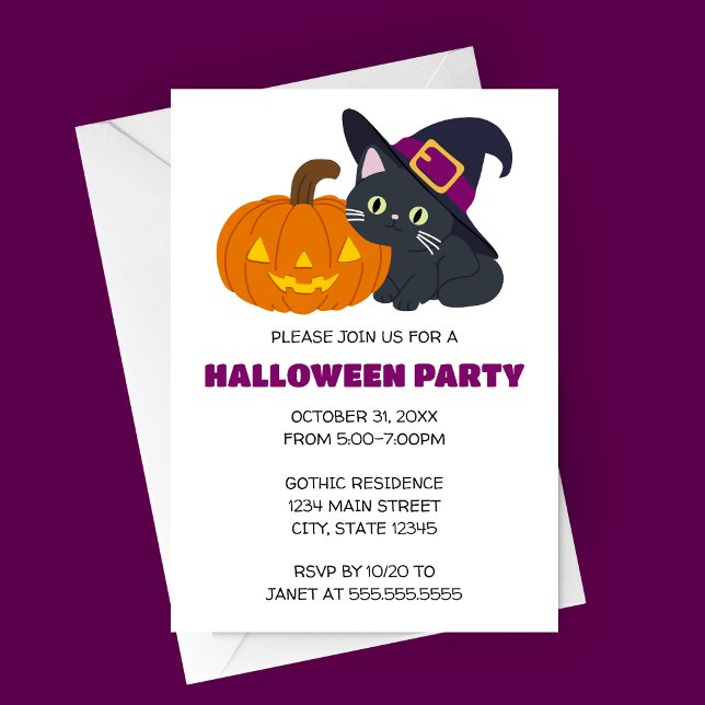 Convite à Festa de Halloween de Gato Witchy (Cute Cartoon Cat in Witch's Hat and Jack-o-lantern Halloween Party Invitation)