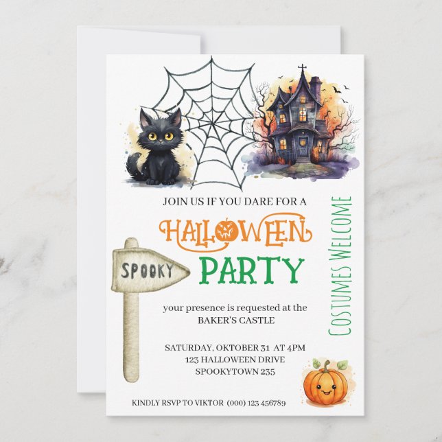 Convite à Festa de Halloween de Spooky Cat e Castl (Frente)