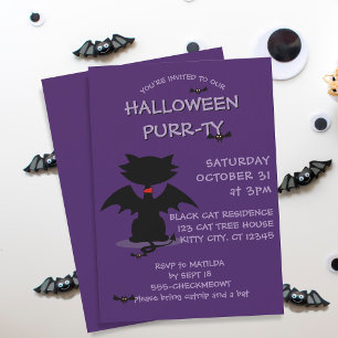 Convite à Festa de Halloween Roxo de Gato Negro