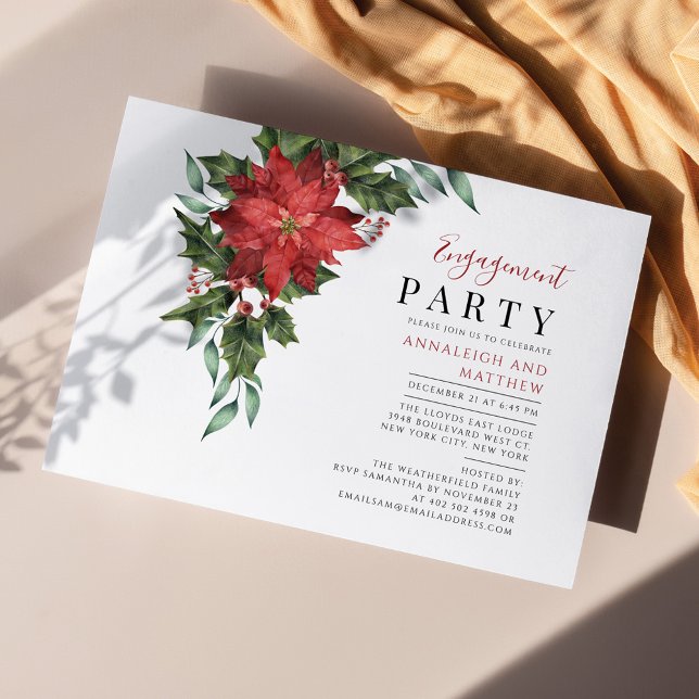 Convite à Festa de noivado de Poinsettia Floral (Poinsettia Holiday Engagement Party Invitation)