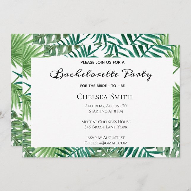 Convite à Festa de solteira de Folhas Tropicais (Frente/Verso)