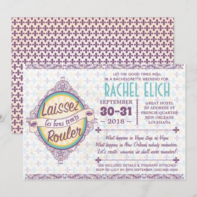 Convite à Festa de solteira de Nova Orleans (Frente/Verso)
