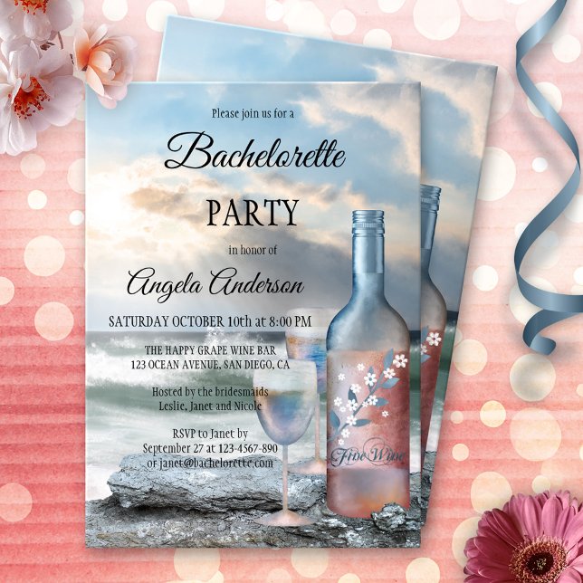 Convite à Festa de solteira de praia e vinho (Bachelorette party invitation showing a painting of a wine bottle and two glasses at the beach)