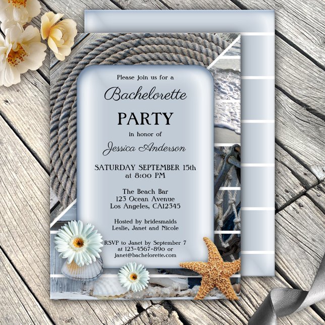 Convite à Festa de solteira de Praia Náutica (Nautical bachelorette party invitation featuring starfish, shells, rope and beach images)