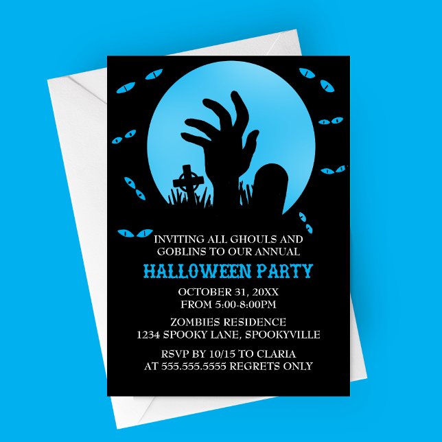 Convite à Festa Zombie Halloween (Blue Zombie Spooky Halloween Party Invitation | Graveyard with Haunted Eyes and Full Moon)