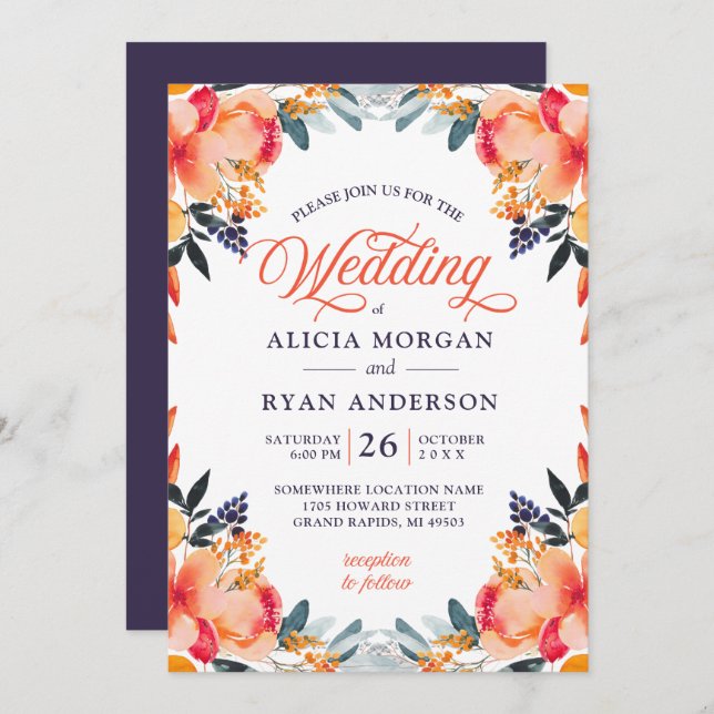 Convite à flor de cor d'água de laranja púrpura (Frente/Verso)