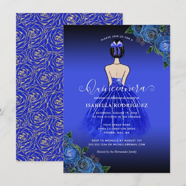 Convite à Princesa Dourada Quinceañera de Azul Orç (Frente/Verso)