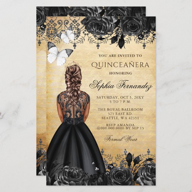 Convite à Princesa Negra do Orçamento Quinceañera (Frente/Verso)