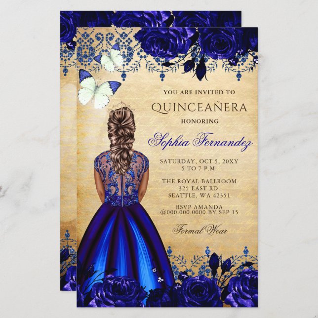 Convite à Princesa Quinceañera Azul de Orçamento (Frente/Verso)