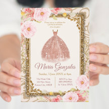 Convite à Princesa Quinceanera rosa Dourada
