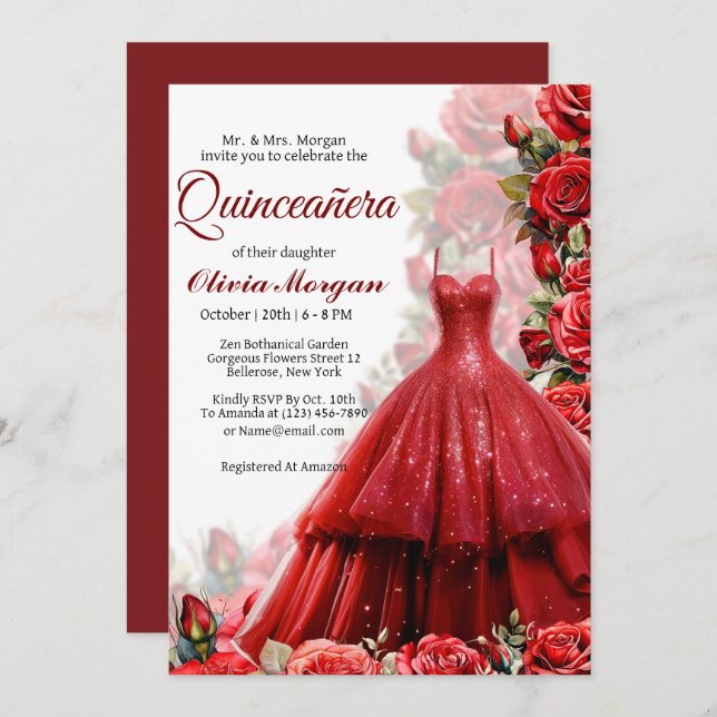 Convite à Princesa Vermelha Quinceanera (Frente/Verso)