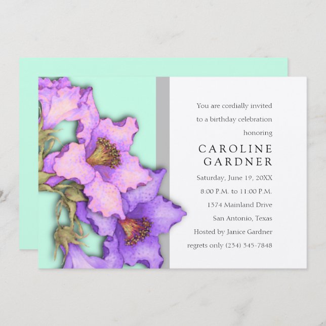 Convite à Púrpura e Rosa de Aniversário (Frente/Verso)