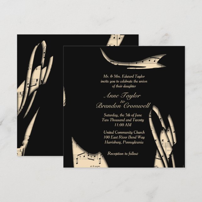 Convite abstrato Black and Peach Music Wedation (Frente/Verso)